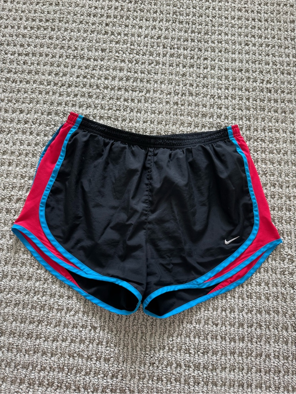 Nike Women’s Black Athletic Shorts with Red Panels & Blue Trim